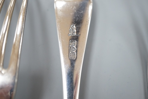 A set of six Edwardian silver Hanovarian pattern table forks, Walker & Hall, Sheffield, 1909, 14oz.